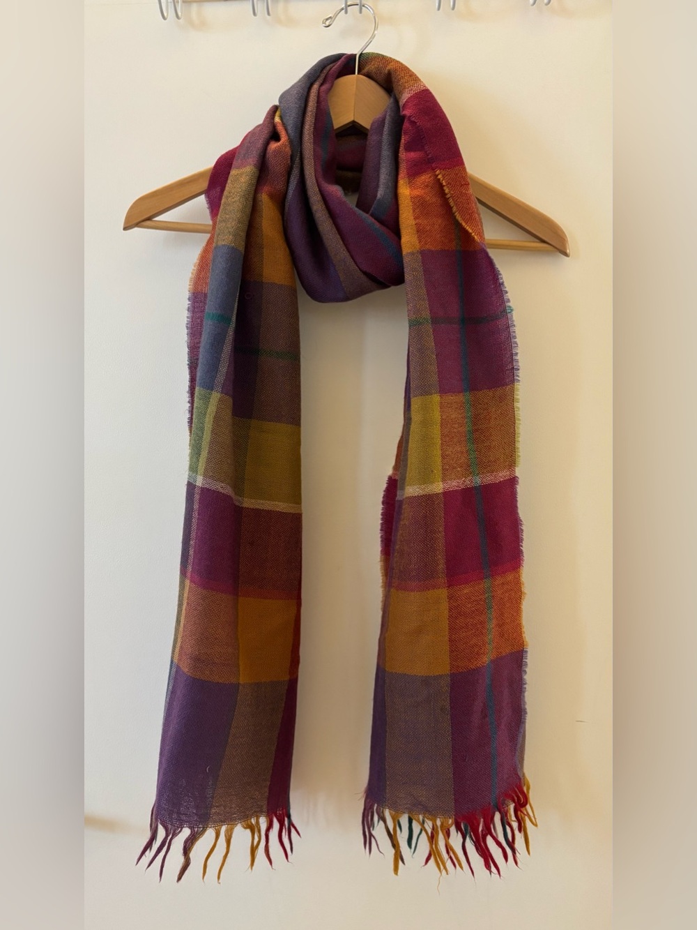 Oversized Plaid Scarf Wrap Burgundy Purple Mustard Soft Fringe